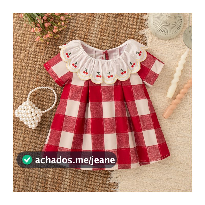 9 Meses-4 Anos De Idade Verão Novo Doce Cereja Bebê Menina Vestido , Vermelho Xadrez Manga Curta Roupas Infantis Para Fe