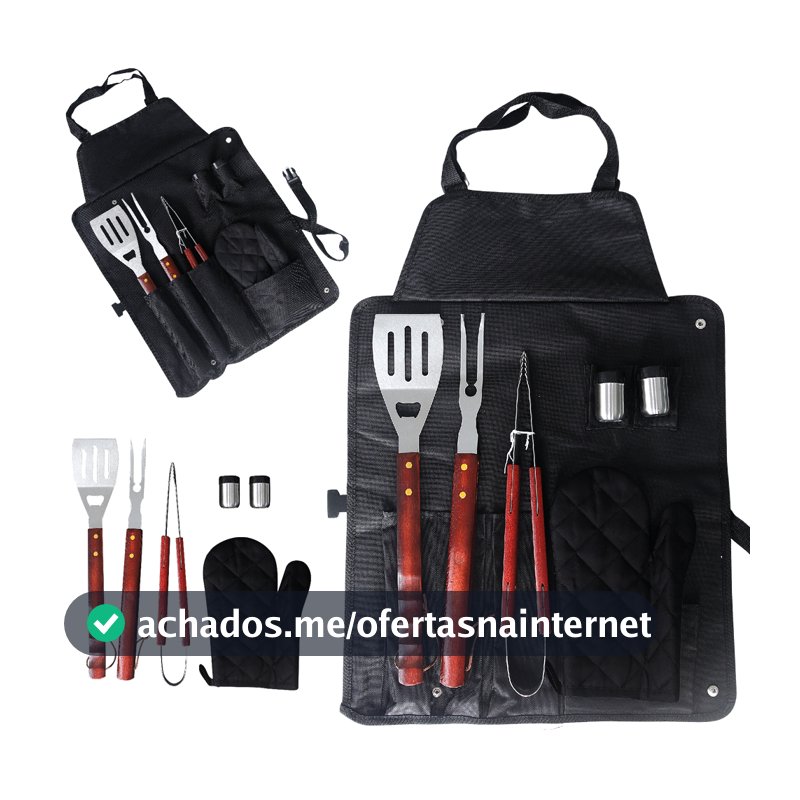 Kit Churrasco Completo 7 Peças Avental Espátula  Pegador Luva Saleiro Garfo Aço Inox Grillrelax