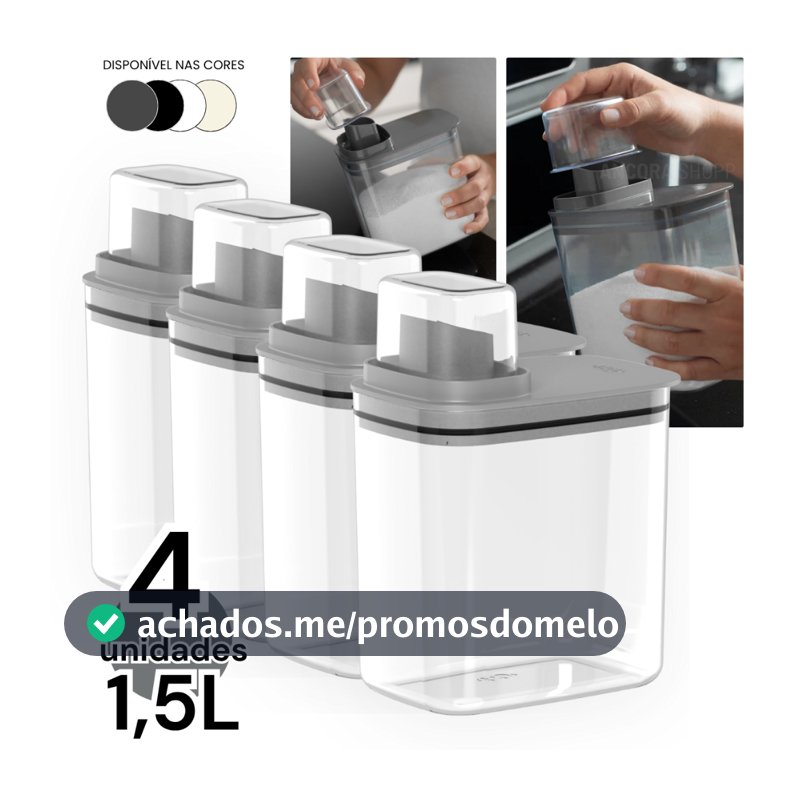 Kit 4un Dispenser Flow 1,5 Litros Porta Sabão Líquido em Pó Amaciante Alvejante Organizador Armário de Lavanderia