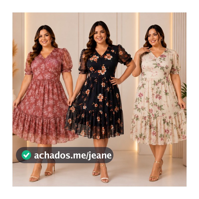 Vestido Midi Feminino Plus Size Tule Floral Manga Bufante Moda Evangélica