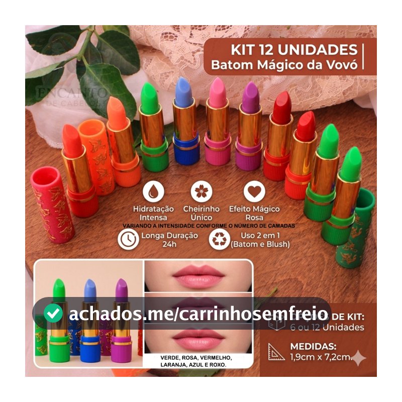 Kit 6 ou 12 Batons Mágicos 24h Retro - Batom da Vovó Batom Verde que Muda de Cor com PH - Não Sai na Água