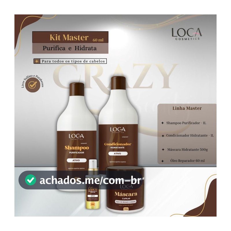 Kit Master - Máscara 500g + Shampoo + Condicionador 1LT + Oleo 60ml Loca Natural Cosmetics