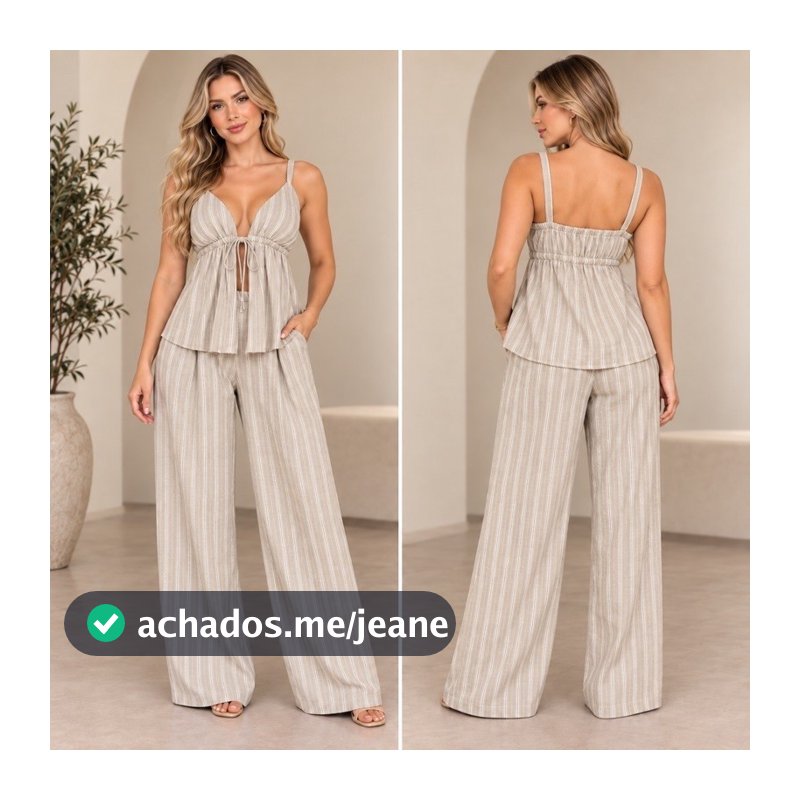 Conjunto Feminino Viscolinho 2 Peças Bata com Bojo e Calça Pantalona Listrada