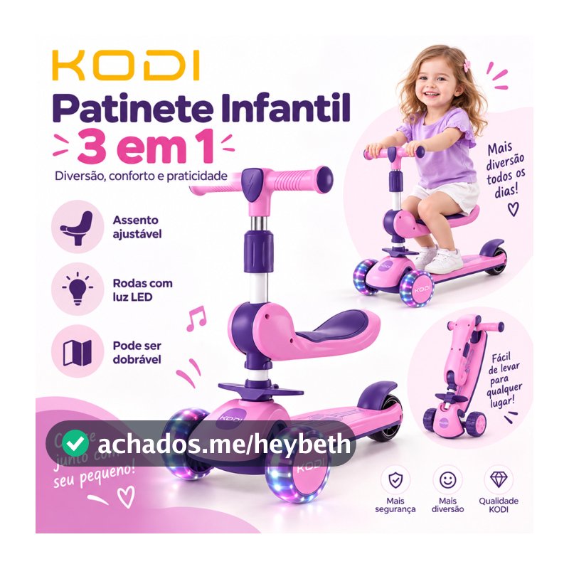 Patinete 3 em 1 para 1 a 12 Anos | Com Banco, Luzes e Música | Ajustável e Seguro