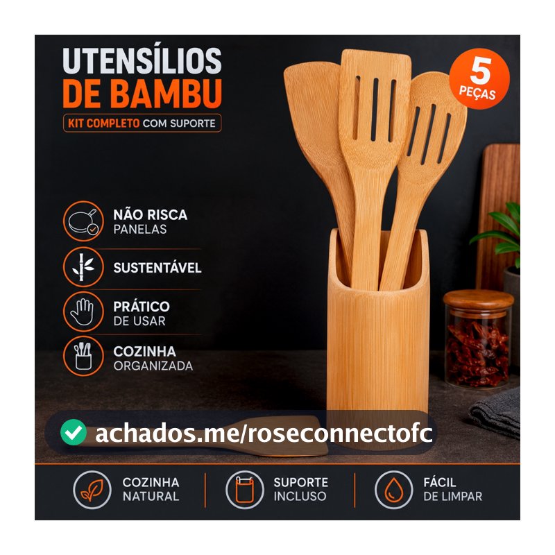 Kit Utensílios de Bambu com Suporte 5 Peças para Cozinha 30cm Não Risca Panelas