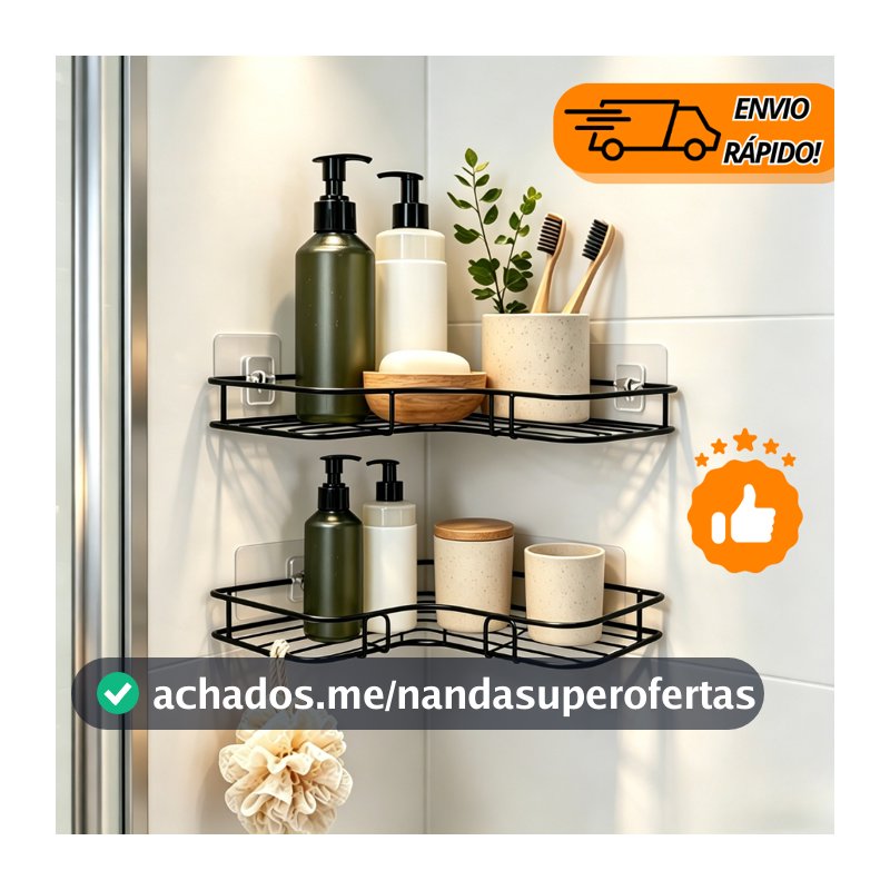 Kit 2 Prateleiras de Canto Sem Furo Porta Shampoo E Sabonete Banheiro Adesivo Reforçado
