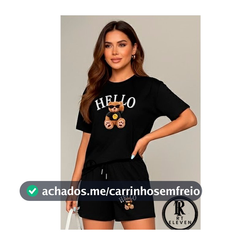 kit conjunto FEMININO Urso Hello  short moletom + blusinha 100% algodão feminina camiseta e shorts p academia Wl