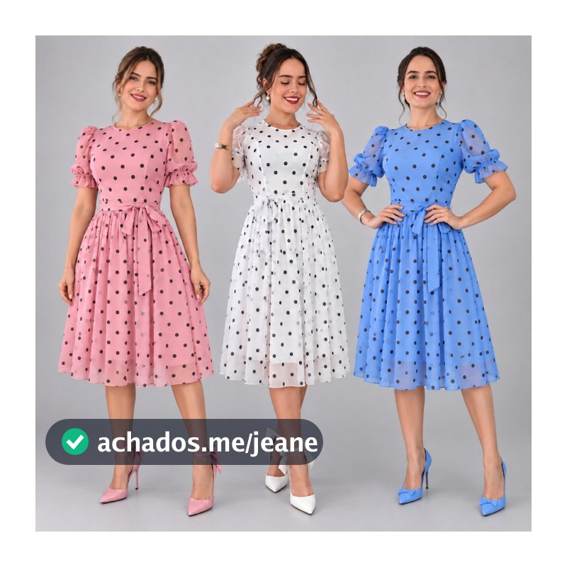 Promoção Vestido Midi Evangelico de Tule Lisso  E Estampa Poá Manga Princesa com Lazo Elegante Congresso