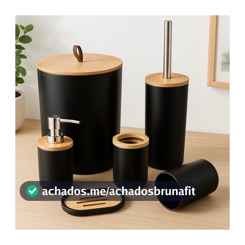 Kit de Banheiro Completo com 6,4 ou 2 Peças - Lixeira com Tampa puxador couro Bambu para Lavabo