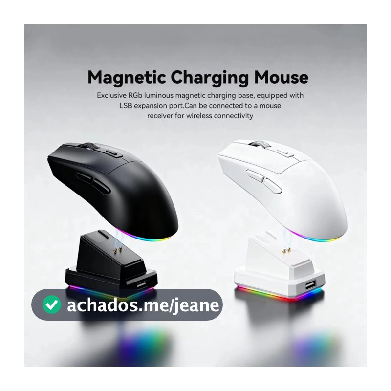 Mouse Gamer Sem Fio PAW3311 Base Dock Carregamento Magnética 4000DPI RGB 1000hz Tri-Mode Bluetooth 5.2 / 2.4G / Cabo