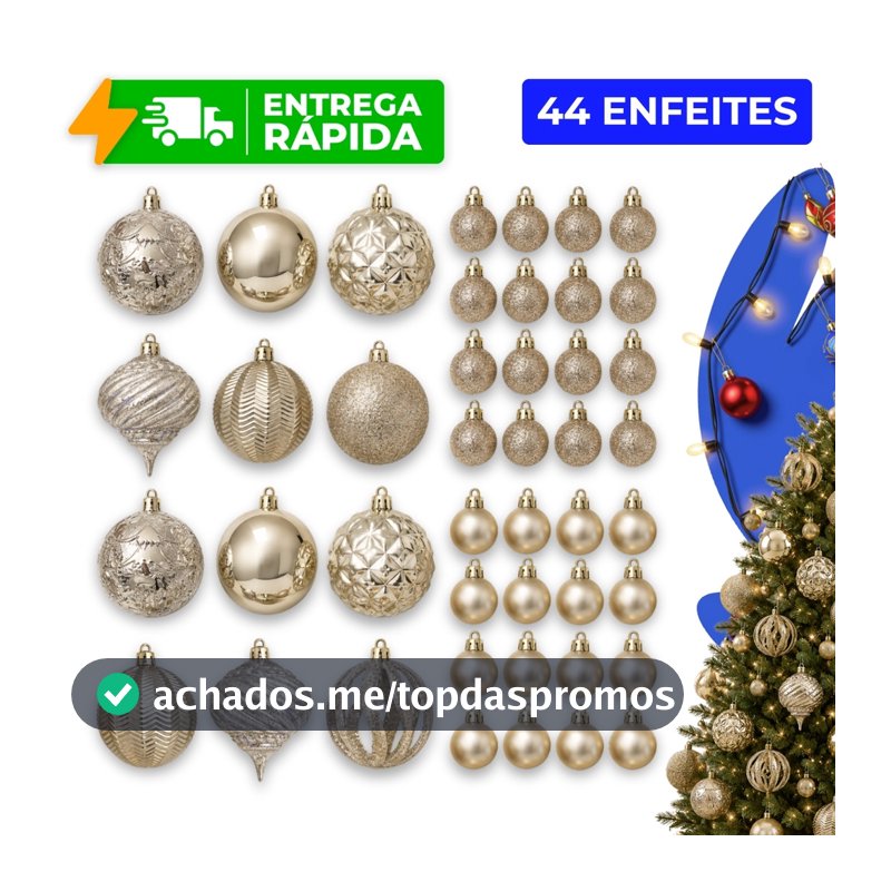 Kit 44 Bolas de Natal Premium Dourado Champagne 6/3cm Enfeites Árvore Fosca Brilhante Glitter Sortidas
