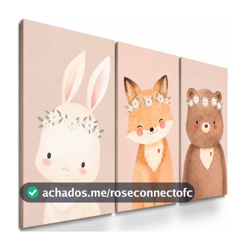 Kit 3 Peças Quadros Decorativos Animais Fofos Infantil Quarto Bebê Menina Menino Luxo Lindo