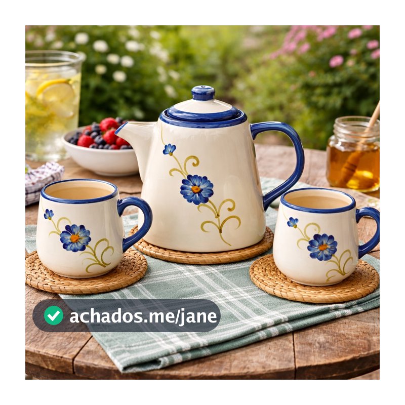 Jogo de Chá Cerâmica Floral Azul e Branco com Bule e Xícaras | Conjunto para Café e Chá | Kit Elegante para Mesa Posta