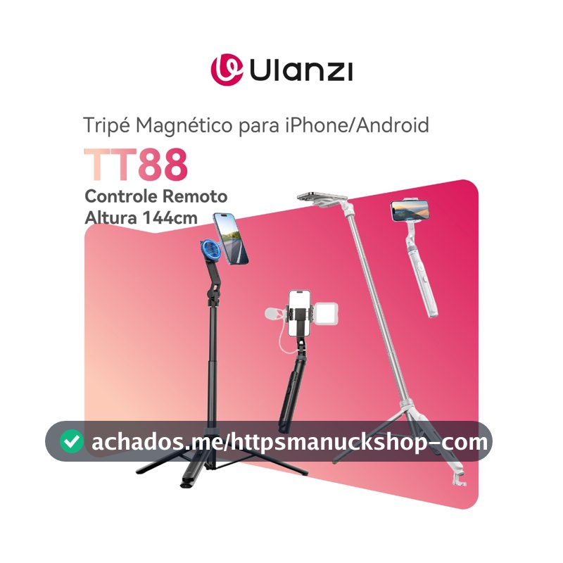 ULANZI TT88 Tripé Magnético para iPhone/Android, Bastão de Selfie 57”, Controle Remoto e Cold Shoe