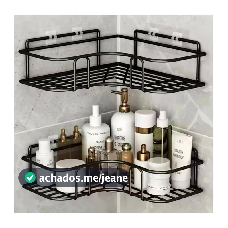 Prateleira de Canto Sem Furo Metal Preto Organizador Banheiro Cozinha Parede Adesiva Forte Suporte Shampoo Temperos Resi
