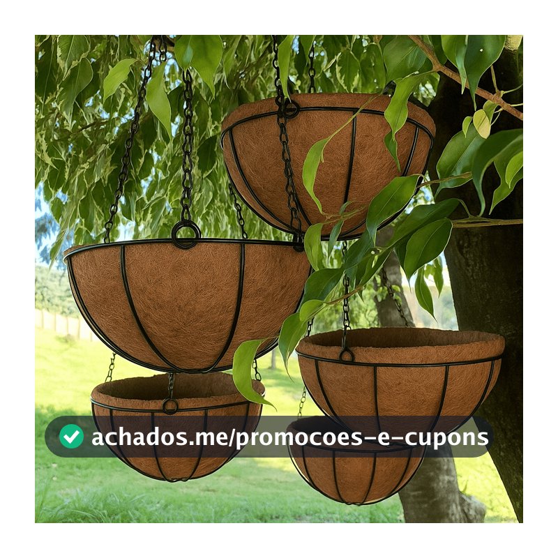 5 Vasos de Fibra de Coco 25cm Plantas Suspenso com Corrente