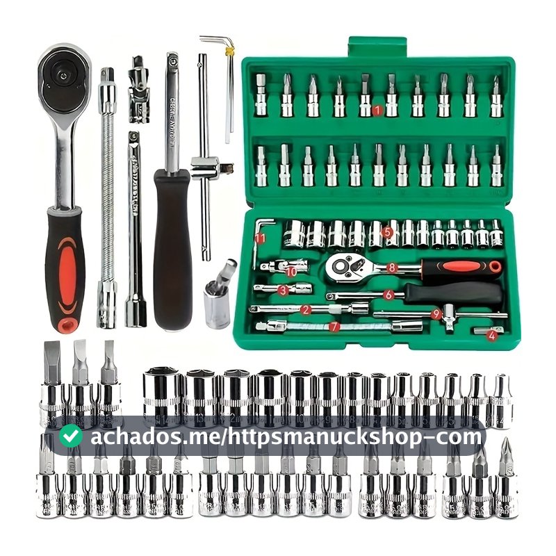 46 Peças Verde Kit Chaves Jogo Catraca Reversível Soquetes Maleta Promoção