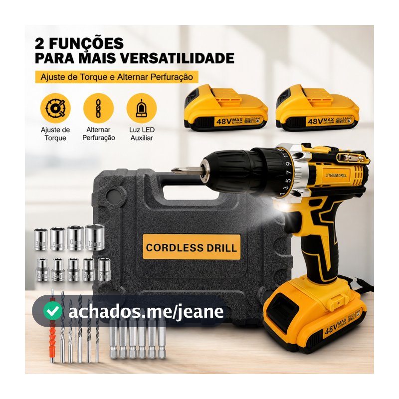 Parafusadeira Furadeira Sem Fio 48V | Modo Duplo Dupla Bateria | Versão com Caixa de Ferramentas