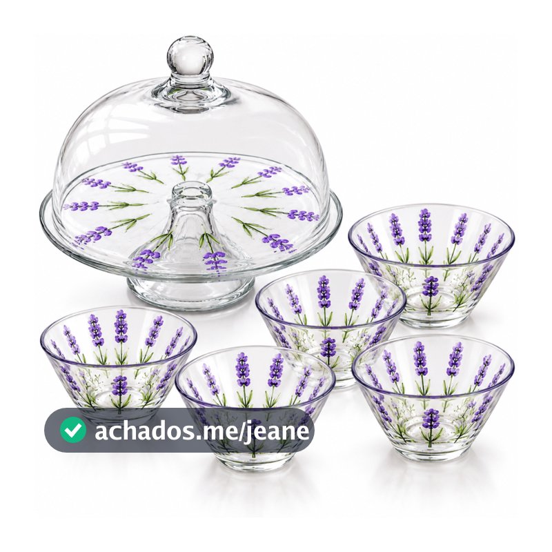 Kit Boleira de Vidro com Tampa Jogo 6 Bowls Lavanda Lyor Sobremesa Frutas