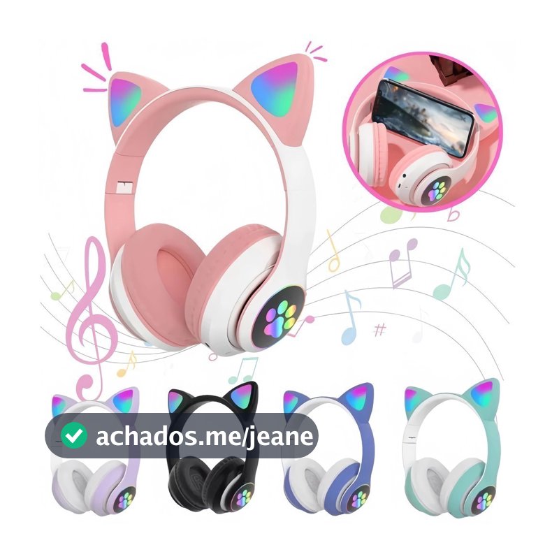Fone de Ouvido Bluetooth Headband Orelha de Gato com LED Dobrável Sem Fio Estilo Gamer
