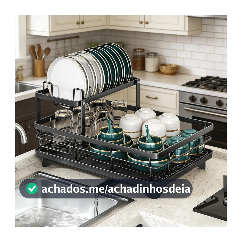 Escorredor de Louça Rack 2 Andares Pratos Copos Talheres Preto para Pia Cozinha com Bandeja