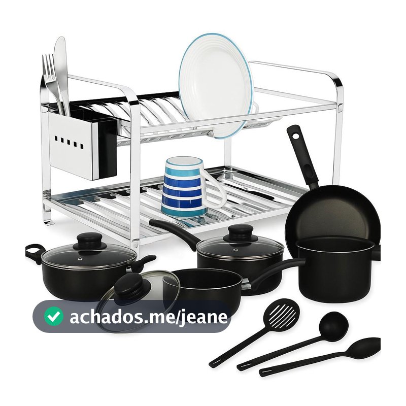 Escorredor De Pratos Inox E Conjunto Kit Jogo Panela Preto