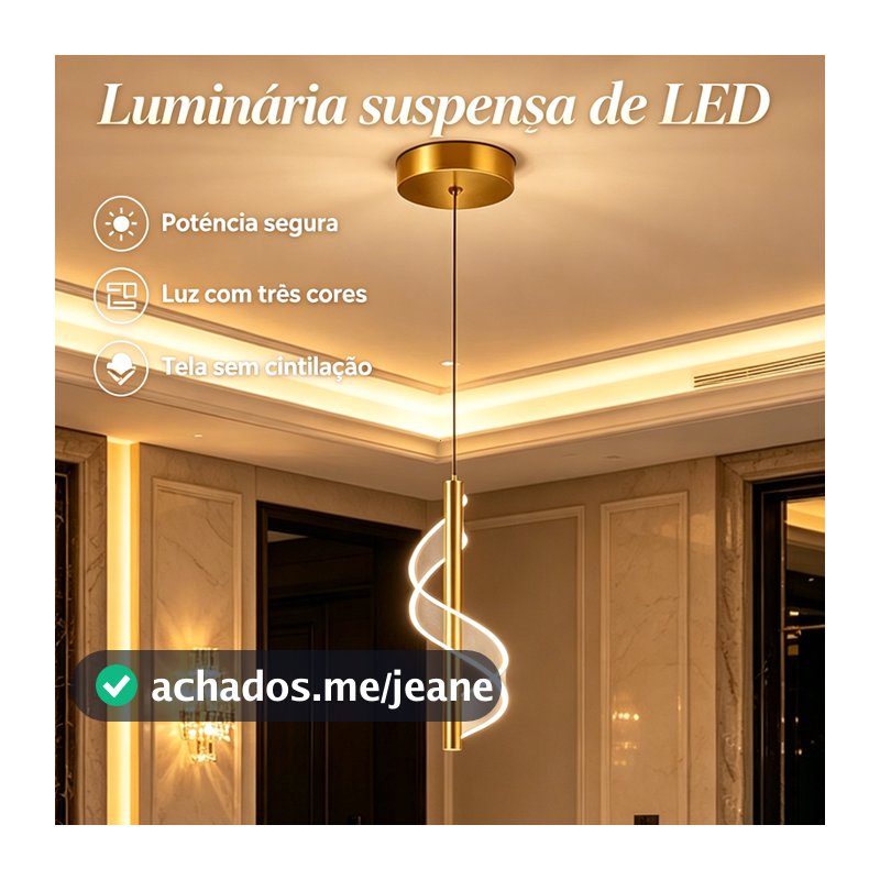 Pendente LED Espiral Dourado Três Tons de Luz, Cabo Regulável, Luminária Moderna para Mesa Cabeceira Ilha Cozinha
