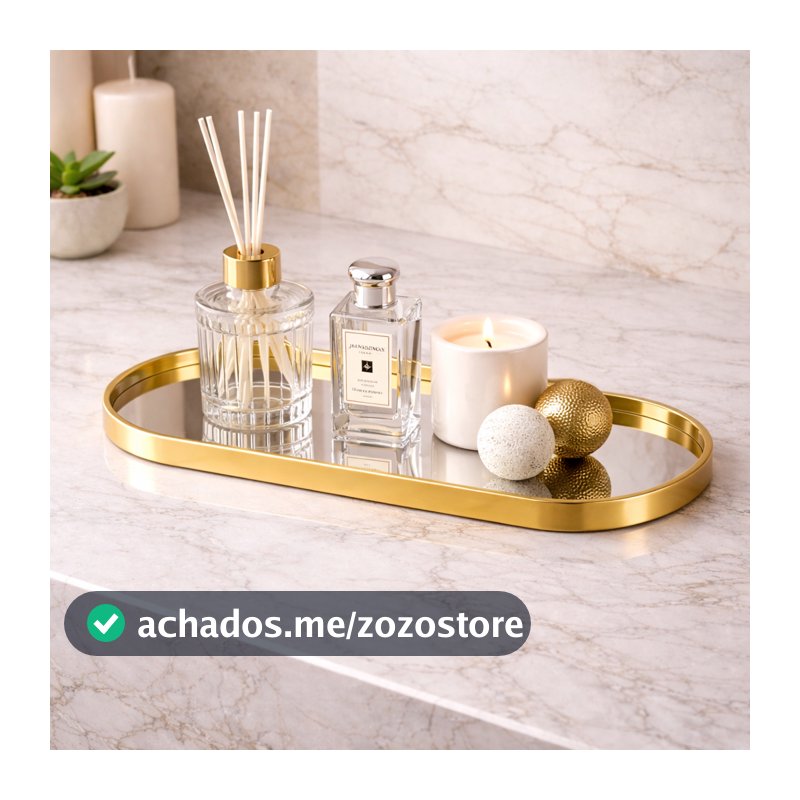Bandeja Espelhada Banheiro Lavabo Bandeja Decorativa Multiuso Preta Dourada