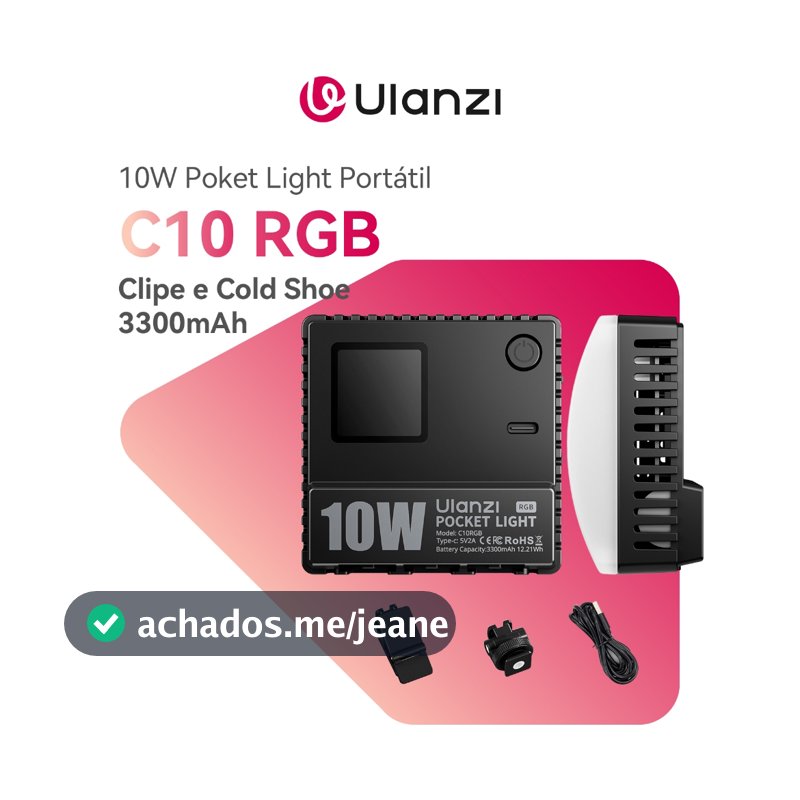 ULANZI C10 RGB Pocket Light LED 10W, Portátil1300 Lux, Bateria 3300mAh, Clipe e Cold Shoe