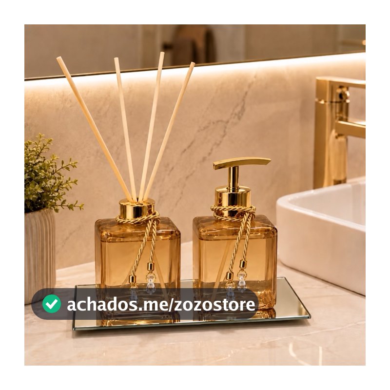 Kit Lavabo Pet Ambar Difusor de Varetas e Saboneteira Luxo Bandeja Banheiro Casa