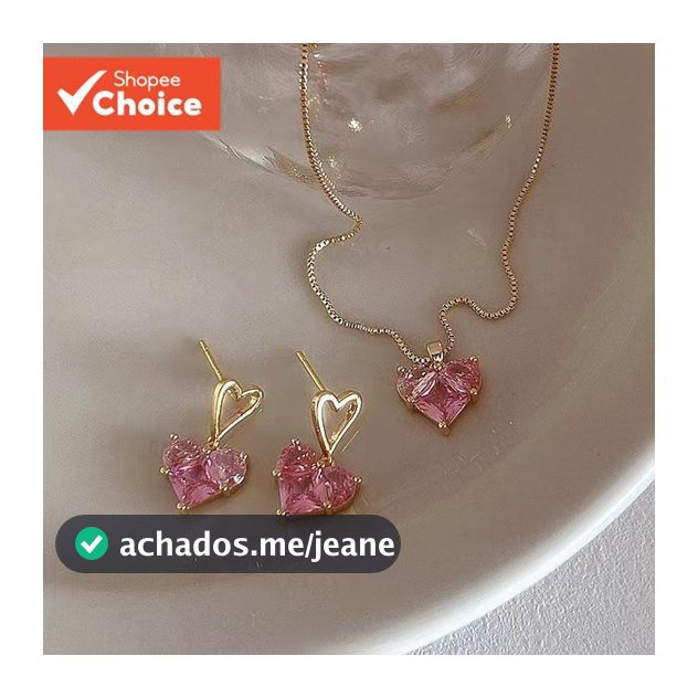 Conjunto De Colar E Brincos De Coração De Cristal Rosa Dourado De 3 Peças Para Mulheres