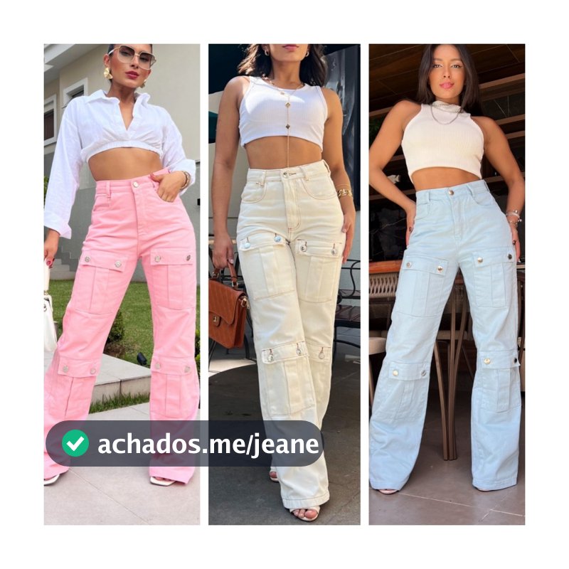 Calça Jeans Cargo FEMININA de mais bolso / wide leg /Colorida /Pantalona Feminina Moda Street  Tecido Algodão Premium
