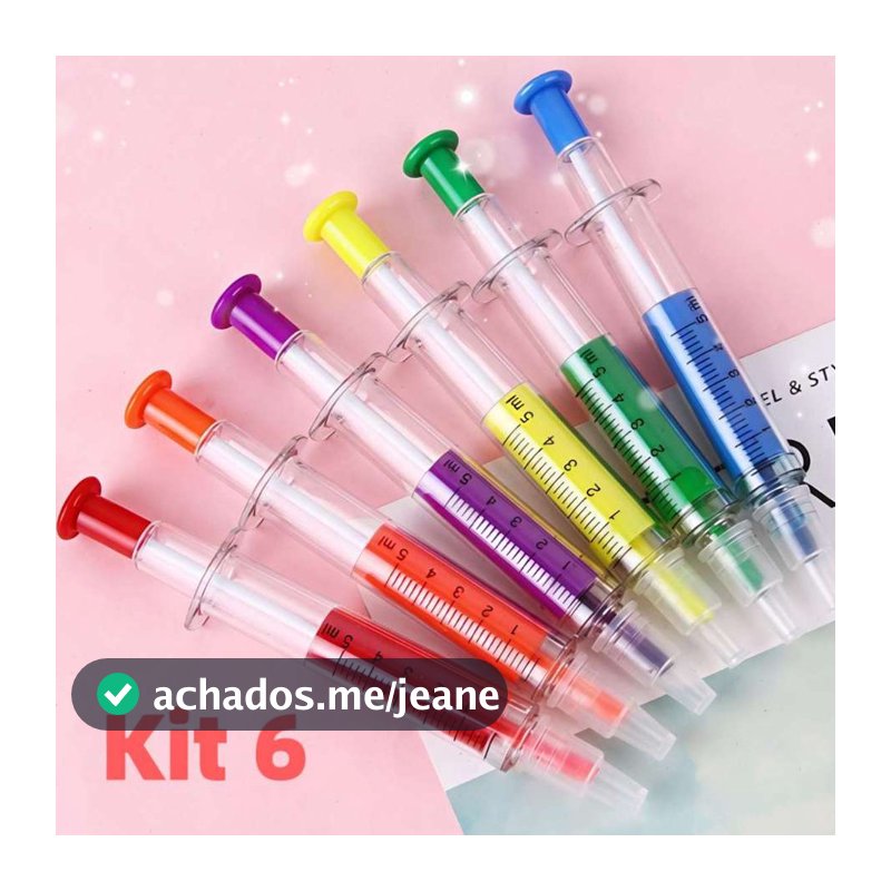 Kit 6 Canetas Marca Texto + Esferográfica Azul 2 em 1 Formato Seringa Criativa