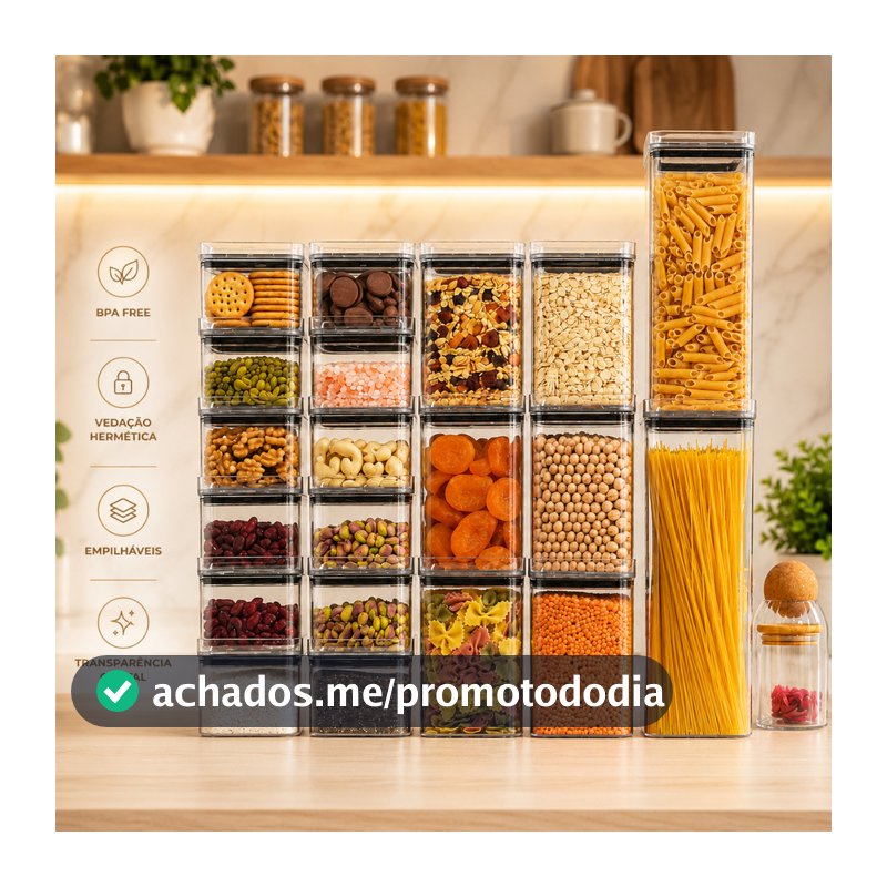 Kit 20 Potes Porta Mantimento Herméticos 2,3litros 1,1litro 500ml Acrílico Empilhável Transparência Cristal Livre de BPA