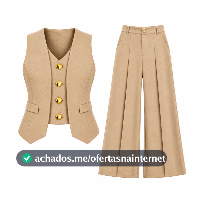 Conjunto Alfaiataria Feminina Luxo Bege Colete Acinturado + Calça Pantalona Wide Leg Premium Elegante & Sofisticad Poá