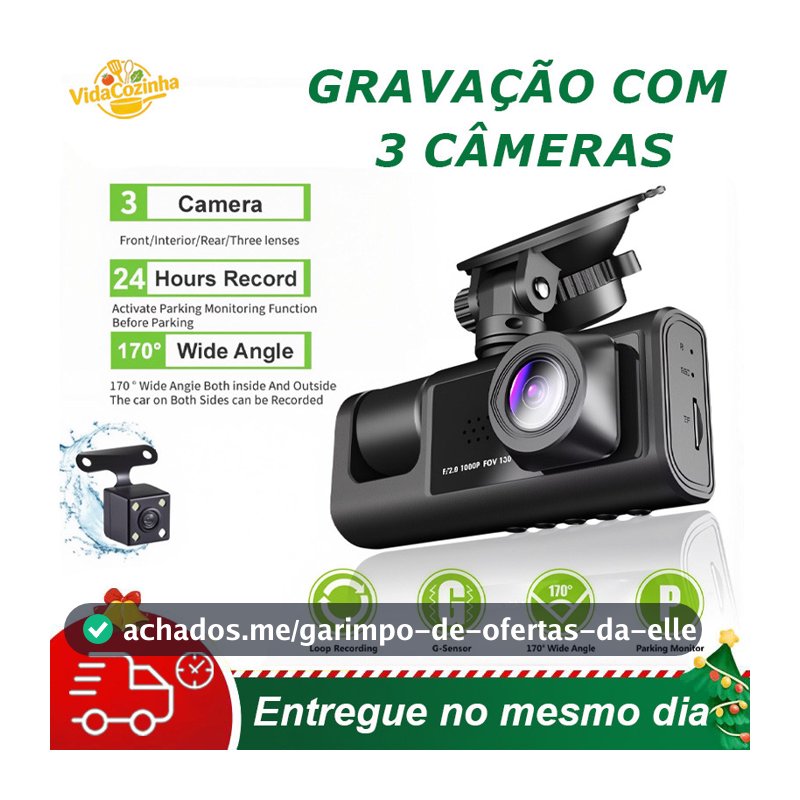 Gravador Veicular Tela Ventosa 3 Lentes (Frontal + Interna + Traseira) com Tela LCD | DVR Automotivo com Visão Noturna