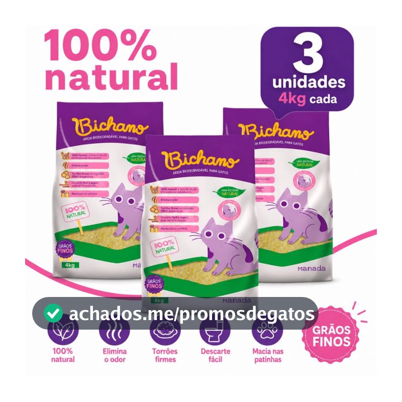 Kit 03 Unidades Areia Biodegradável Bichano Gatos Grãos Finos 12kg Manada Grão Fino Milho Mandioca