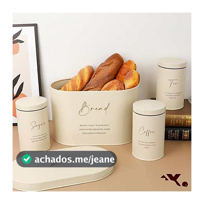 Kit Porta-Pão e Metal Resistente e 3 Latas para Mantimentos com Alta Vedação