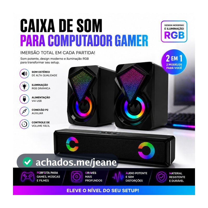 Caixa De Som Para Computador Pc Notebook 6w Led RGB Gamer Caxinha Alto Falante