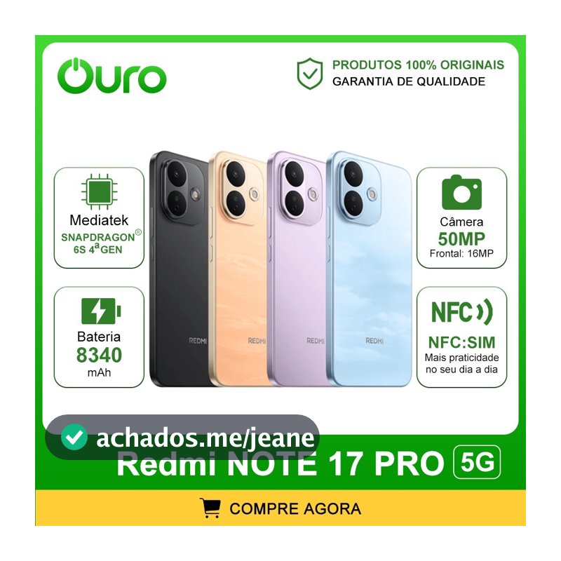 Xiaomi Redmi  Note 17 PRO 5G, Bateria 8340mAh, Versão Global, Snapdragon® 6s de 4ª gen,  128-512GB + 6-8GB RAM