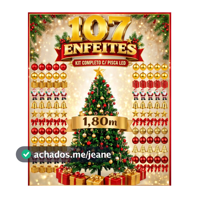 Arvore Natal Decorada 1,80cm 320 galhos Completa Luxo + Kit 107 Enfeites C/ Pisca LED