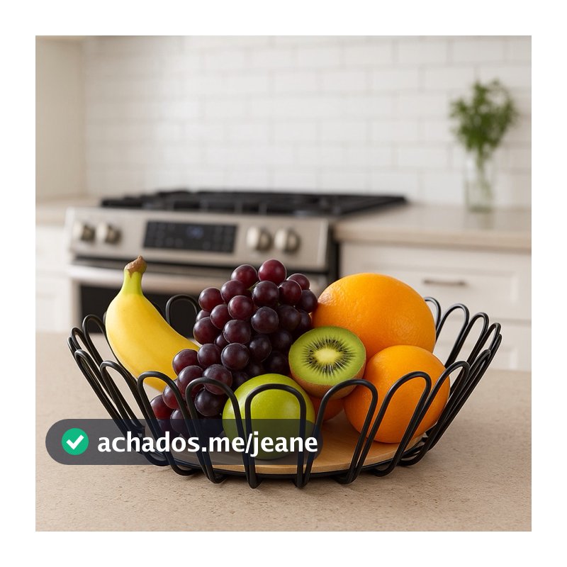 Cesta Fruteira de Mesa Aramada Redonda Black com Base de Madeira Decorativa 8x28 cm para Cozinha