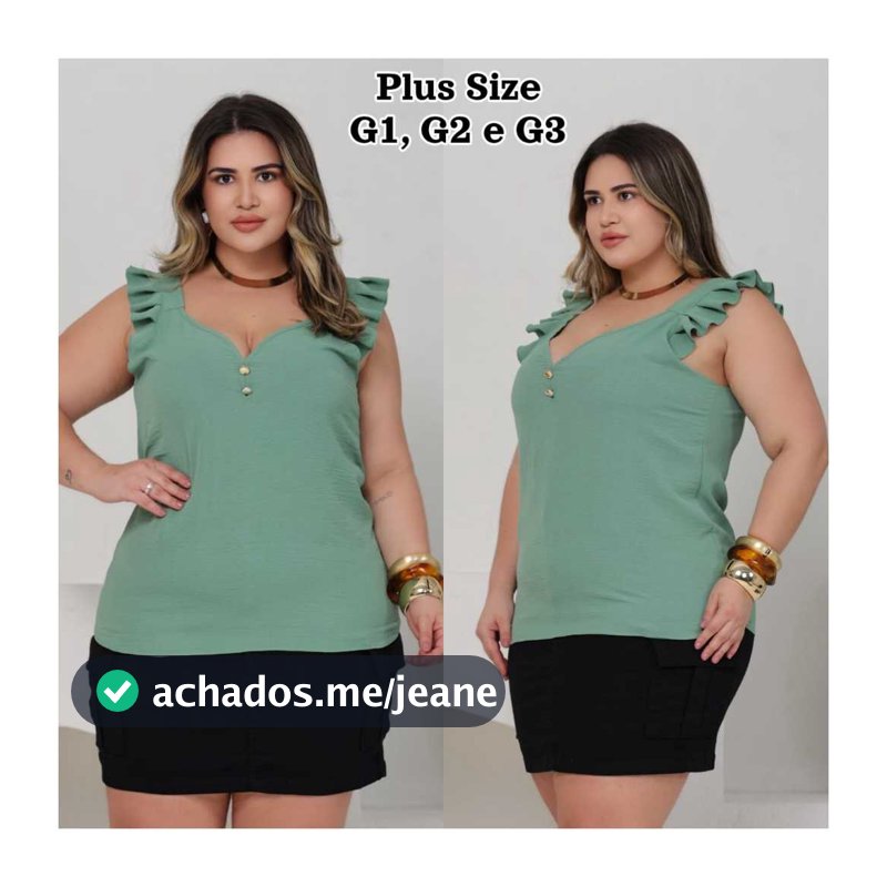 Blusa Regata Feminina Plus Size  Babados nas Alças Decote V e Botões Elegantes