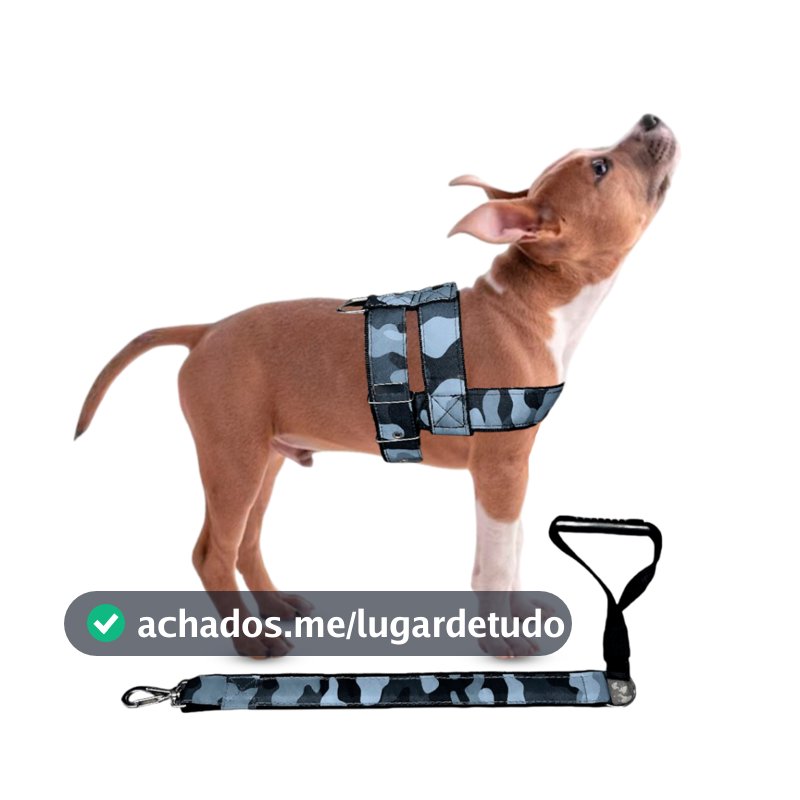 Conjunto Peitoral Com Guia Manopla Lona Luxo Camuflado Pet Para Cachorro Cão Grande Porte
