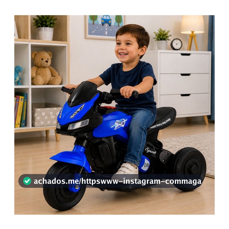 Moto Infantil Elétrica 3 Rodas Azul e Preta com Luzes para Criança