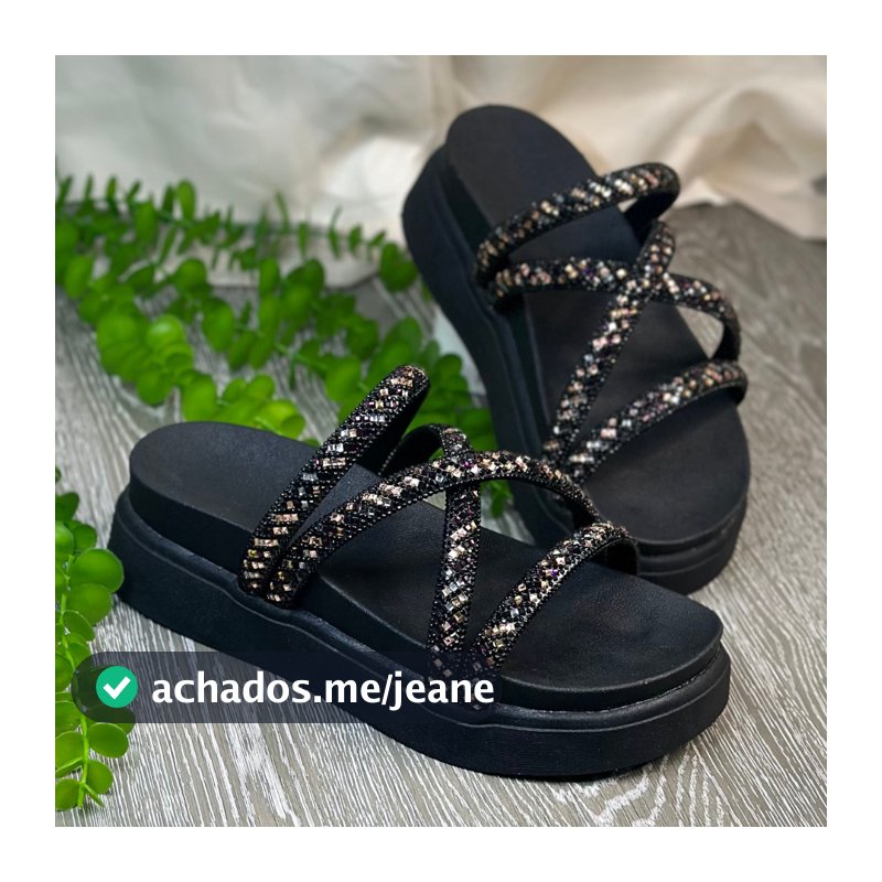 papete sandália plataforma feminina flatform strass brilhosa