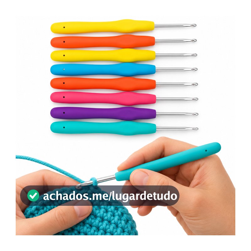 Kit 8 Agulhas de Crochê Profissional Cabo Soft Ergonômico Ponta de Alumínio para Barbante Fios Artesanato