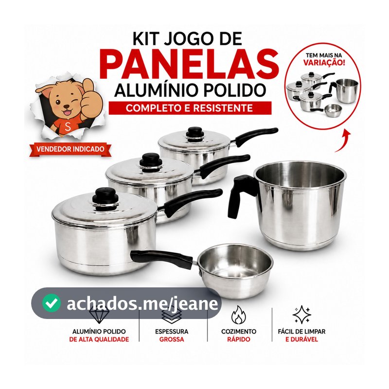 Jogo de Panelas Alumínio Polido Grosso 5 Peças Completo com Frigideira e Canecão