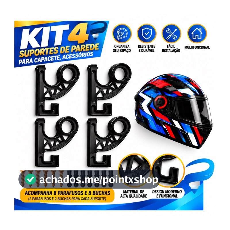Kit 4 Suporte Gancho Parede para Capacete Moto Bike Organizador Boné Mochila Jaqueta Porta Chaves com Buchas e Parafusos