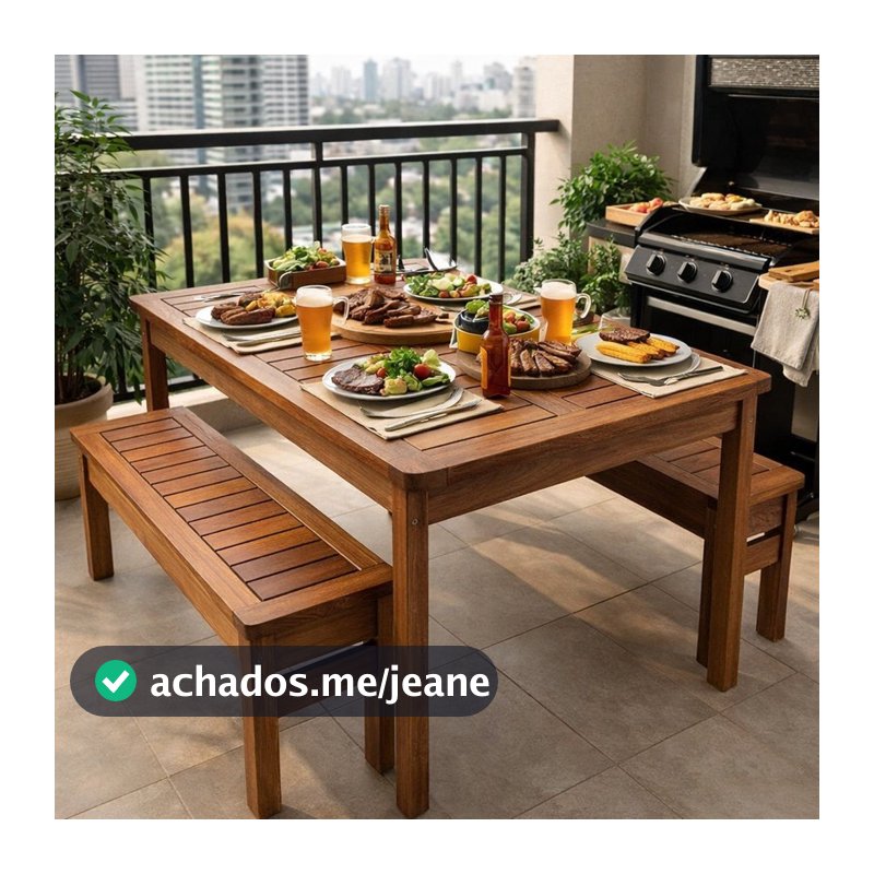 Conjunto Mesa e Bancos Churrasco Madeira Maciça Ember Marrom
